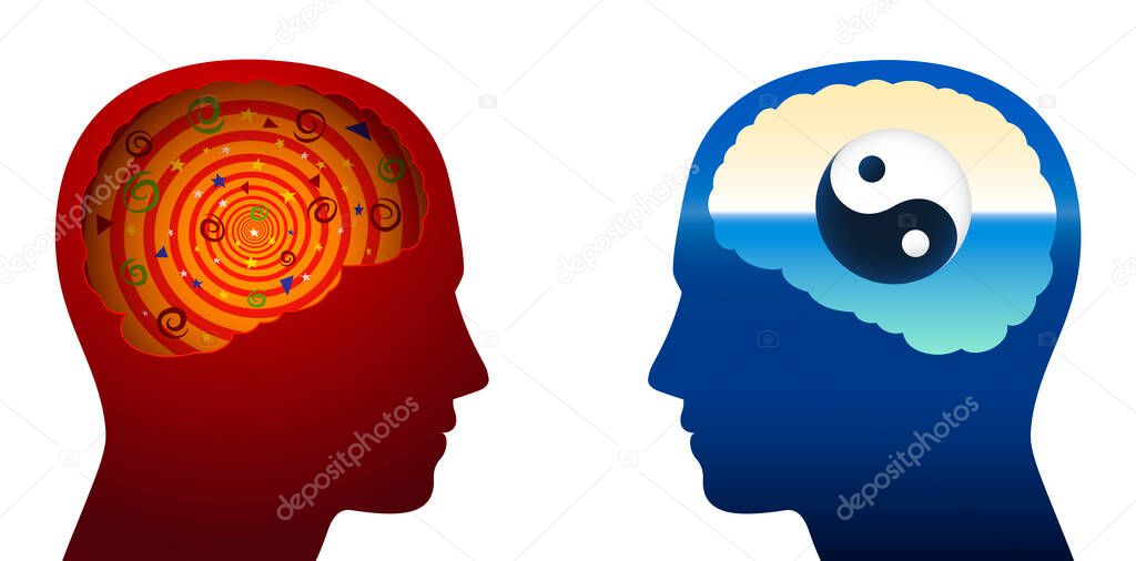 Confusion and harmony comparison, with a confused, flustered, puzzled, addled, chaotic, messy brain and one with a Yin Yang symbol, balanced, harmonic, relaxed, meditating, tranquil, spiritual person.