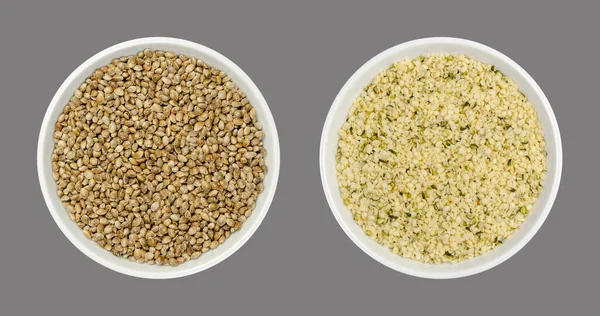 Hemp Seeds White Bowls Isolated Gray Background Whole Hulled Hempseeds — Stock Photo, Image