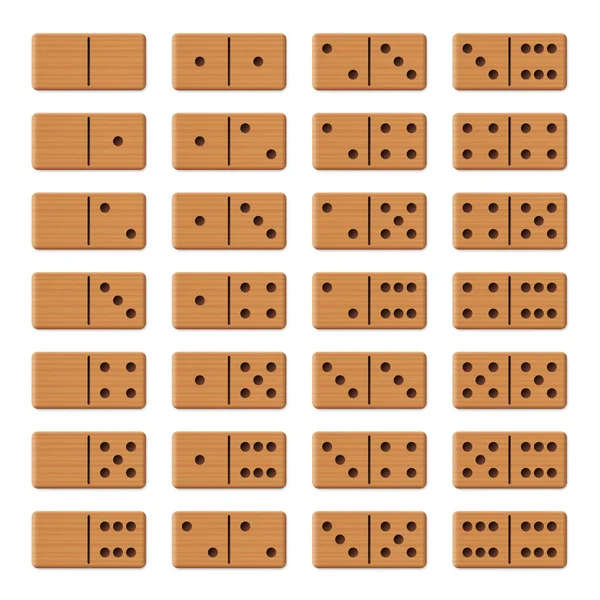 多米诺骨牌 完整的游戏集 收集了28块排列好的木制纹理瓷砖 白色背景上的孤立矢量图解 — 图库矢量图片