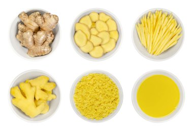 Beyaz kaselerde taze zencefil kökü, beyazın üstünde. Tam ve soyulmuş rizom, dilimler ve şeritler, rendelenmiş ve meyve suyu olarak. Zingiber officinale, baharat ve halk tıbbı olarak kullanılır. Yukarıdan yakın çekim..