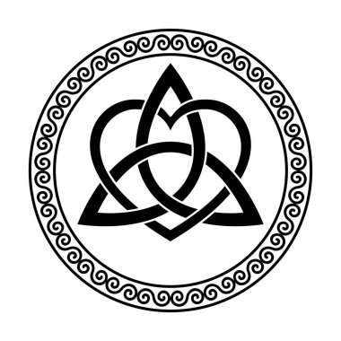 Dairesel spiral bir çerçeve içinde kalp sembolü olan triquetra. Kelt düğümü, üçgen figür, eski Hristiyan süslemelerinde kullanılıyor, sınırlarla çevrili, çift sarmaldan yapılmış. İllüzyon. Vektör
