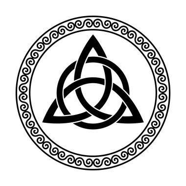 Dairesel spiral bir çerçevede daire çizerek. Kelt düğümü, üçgen bir figür, antik Hıristiyan süslemelerinde kullanılıyor, sınırla çevrili, çift sarmaldan yapılmış. İllüzyon. Vektör.