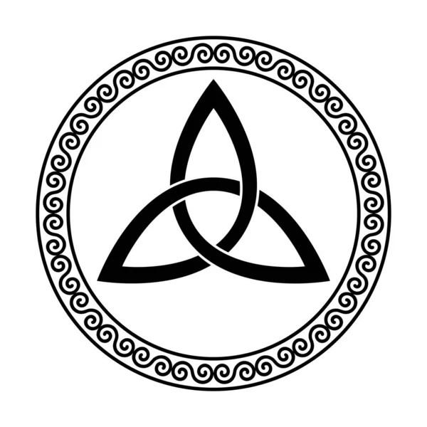 在圆形螺旋框架内的曲柄 凯尔特结 一种三角形的图形 用于古代基督教的装饰品中 四周环绕着装饰的边框 由双螺旋构成 — 图库矢量图片