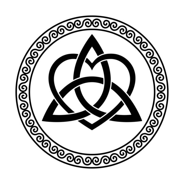 Трикветра с символом сердца, внутри круговой спирали. Кельтский узел, треугольная фигура, используемая в древней христианской орнаментации, окруженная границей, сделанная из двойных спиралей. Иллюстрация. Вектор
