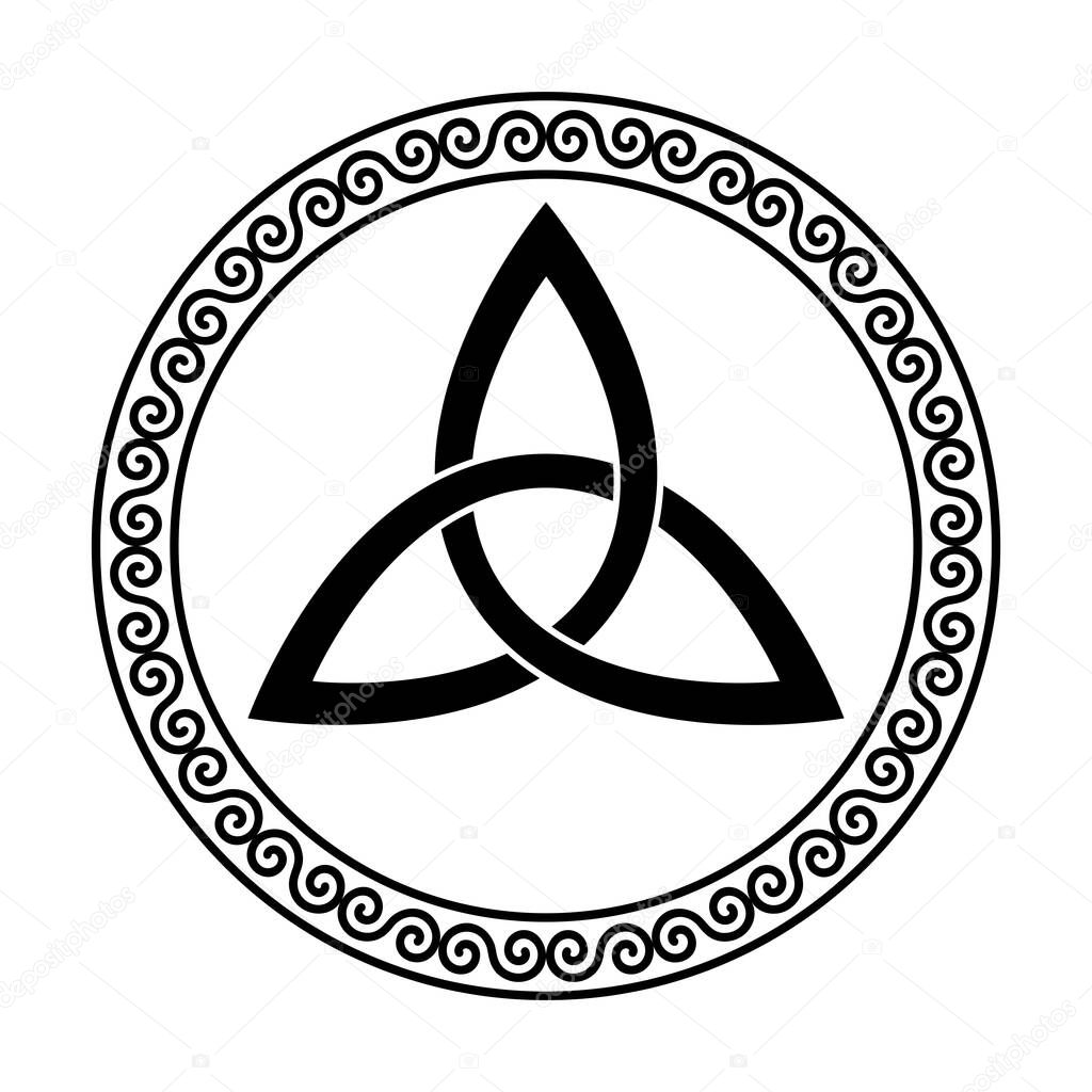 Triquetra within a circular spiral frame. Celtic knot, a triangular figure, used in ancient Christian ornamentation, surrounded by a decorative border, made of double spirals. Illustration. Vector.