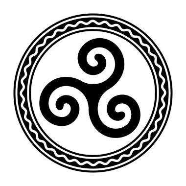 Triskele beyaz dalgalı bir çizgiyle daire çerçevesi içinde. Triskelion, antik sembol ve motif üçlü spiral içeriyor, dönüşlü simetri sergiliyor. Beyazın üzerinde izole bir illüstrasyon. Vektör.