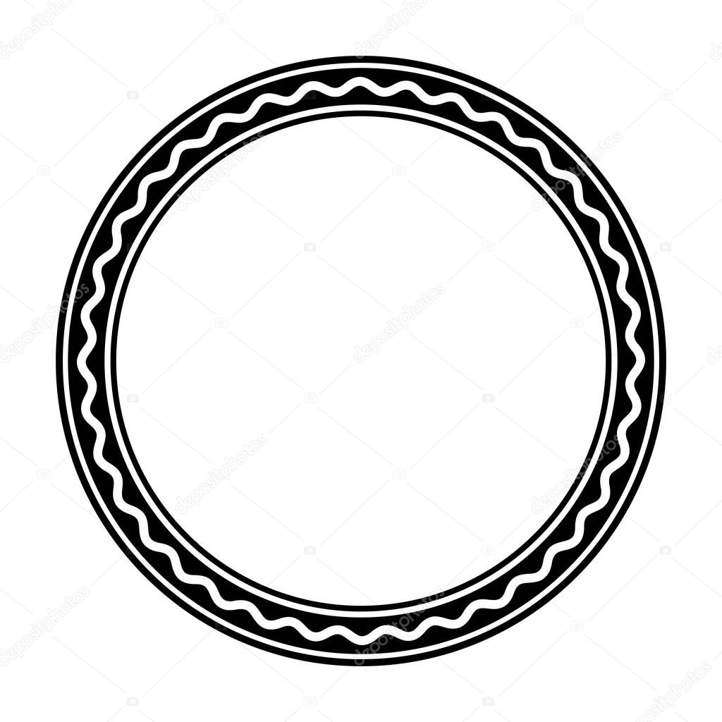 Black circle frame, with a bold white wavy line. Circle frame made by three circles and a serpentine line. A circular frame and decorative surround. Isolated illustration on white background. Vector.