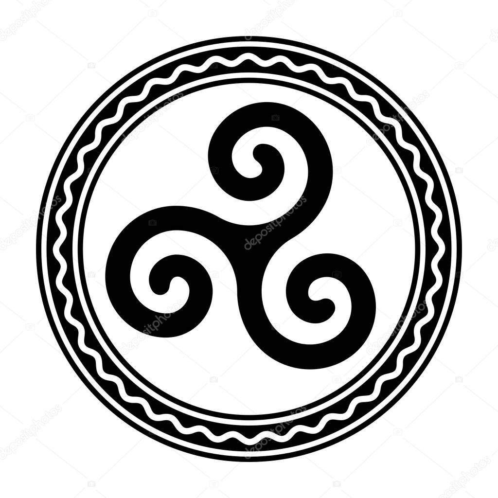 Triskele within a circle frame with a white wavy line. Triskelion, ancient symbol and motif consisting of a triple spiral, exhibiting rotational symmetry. Isolated illustration over white. Vector.