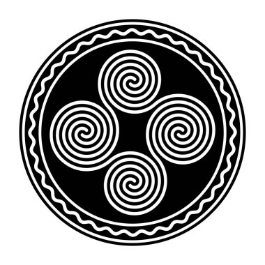 Beyaz dalgalı çizgileri olan bir daire çerçevesi içinde dört tane birbirine bağlı Kelt spirali. Birbirine kenetlenmiş dört Arşimet spiralinden oluşan dörtlü spiral. Sembol ve motif. Beyazın yerine illüstrasyon. Vektör.