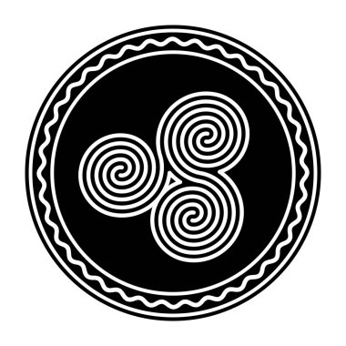 Çember çerçevesinde birbirine bağlı üç Kelt çift spirali. Birbirine kenetlenmiş üç Arşimet spiralinden oluşan üçlü spiral. Sembol ve motif. Siyah ve beyaz, beyaz yerine izole bir illüstrasyon. Vektör