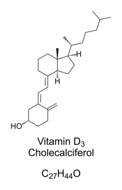 D3 vitamini, kolekalciferol, kimyasal yapı ve iskelet formülü. Güneş ışığıyla yapılan deri, bazı yiyeceklerde bulunur. D vitamini eksikliğini tedavi etmek ve önlemek için besin takviyesi. İllüzyon. Vektör.