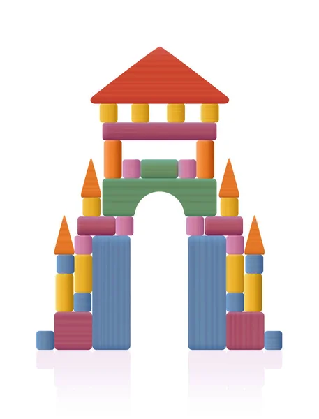 用木制玩具砌成的大道 许多不同的天然木材元素 典型的童年集中游戏 白色背景的矢量 — 图库矢量图片