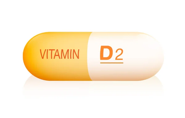 D2カプセル ビタミンの不足を防ぐために ベジタリアンやビーガンのための人工的 合成または自然なサプリメントの象徴 イラスト 白の背景 — ストックベクタ