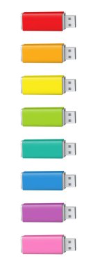 Renkli USB flaş bellek ya da USB çubukları. Renkli USB bellek koleksiyonu - kırmızı, turuncu, sarı, yeşil, cyan, mavi, pembe ve mor. Beyaz arkaplanda izole vektör illüstrasyonu.