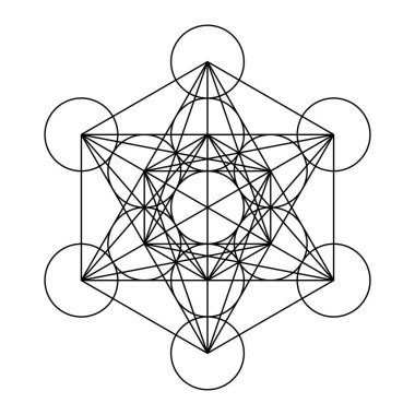 Metatron Küpü, Hayat Çiçeği 'nden türetilmiş mistik bir sembol. On üç daire de düz çizgilerle bağlantılı. Kutsal Geometri. Beyaz arka planda siyah çizgiler. İllüzyon. Vektör.