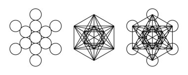 Components of Metatrons Cube. Mystical symbol, derived from the Flower of Life. All thirteen circles are connected with straight lines. Sacred Geometry. Black and white illustration over white. Vector clipart
