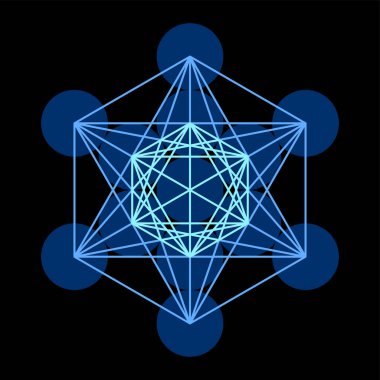 Metatron Küpü. Hayat Çiçeği 'nden türetilmiş mistik bir sembolün bileşimi. 13 daire, düz çizgilerle bağlantılı. Kutsal Geometri. Siyah arkaplan üzerinde mavi renkli çizimler. Vektör.