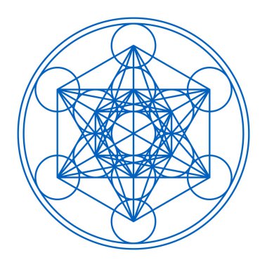 Metatron küpü iki daire şeklinde çerçevelenmiş. Hayat Çiçeği 'nden türetilmiş mistik bir sembol. On üç daire düz çizgilerle bağlantılıdır. Kutsal Geometri. Beyaz arkaplan üzerinde ilüzyon. Vektör.
