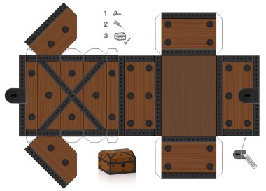 Treasure chest template. Cut out, fold and glue it. Paper model with lid that can be opened. Wooden textured box for precious objects, luxury, belongings or little things. clipart