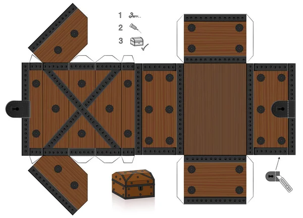 宝箱のテンプレート 切り取り 折り曲げ 接着する 開くことができる蓋付きの紙モデル 貴重なオブジェクト 所持品や小さなもののための木製のテクスチャボックス — ストックベクタ