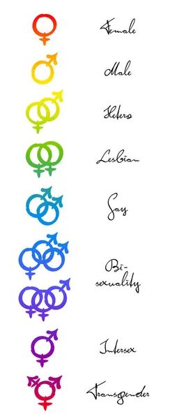 Homo Hetero Символи Жінка Чоловік Лесбіянка Геї Бісексуали Інтерсекс Трансгендерні — стоковий вектор