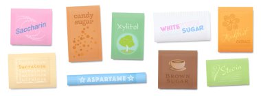 Doğal ya da yapay tatlandırıcı, şeker yerine daha az ya da daha az kalori kullanılır. Saccharin, Xylitol, Sucralose, Stevia ve diğer gıda katkı maddeleri orijinal besin tatlarını artırır. Beyaz üzerine vektör.