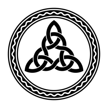 Birbirine dolanmış triquetra, bir Kelt düğümü, beyaz dalgalı çizgili bir daire şeklinde. Eski Hristiyan süslemelerinde kullanılan üçgen figür, zigzag çizgisi olan bir sınırla çevrili. İllüzyon. Vektör