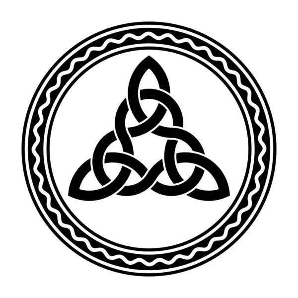 盘根错节 一个凯尔特结 在一个圆形框架与白色波浪形线 三角形用在古代基督教装饰中的三角形图形 周围有一条锯齿状的线条 — 图库矢量图片