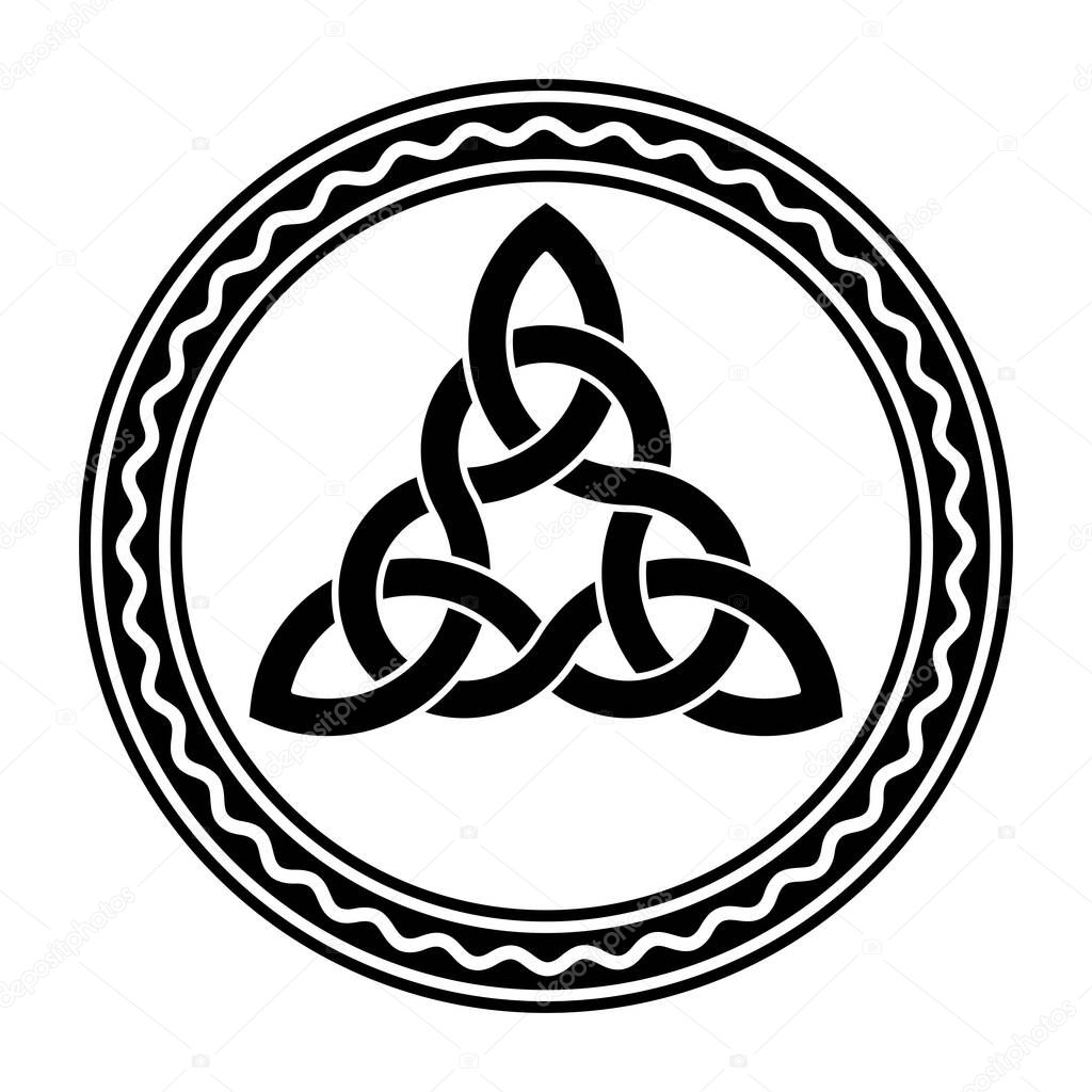 Intertwined triquetra, a Celtic knot, in a circle frame with white wavy line. Triangular figure used in ancient Christian ornamentation, surrounded by a border with a zigzag line. Illustration. Vector