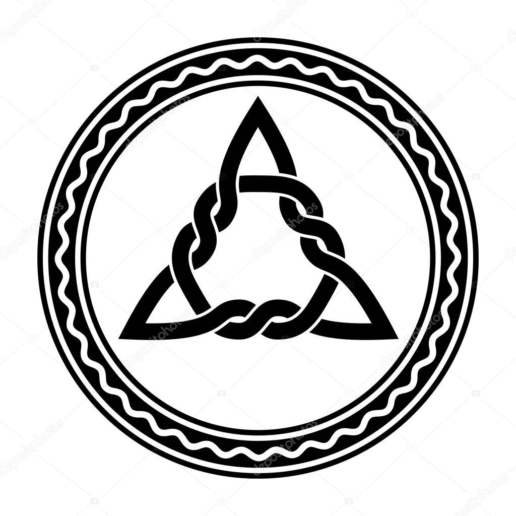 Interwoven triquetra, a Celtic knot, in a circle frame with white wavy line. Triangular figure, used in ancient Christian ornamentation, surrounded by a border with a zigzag line. Illustration. Vector