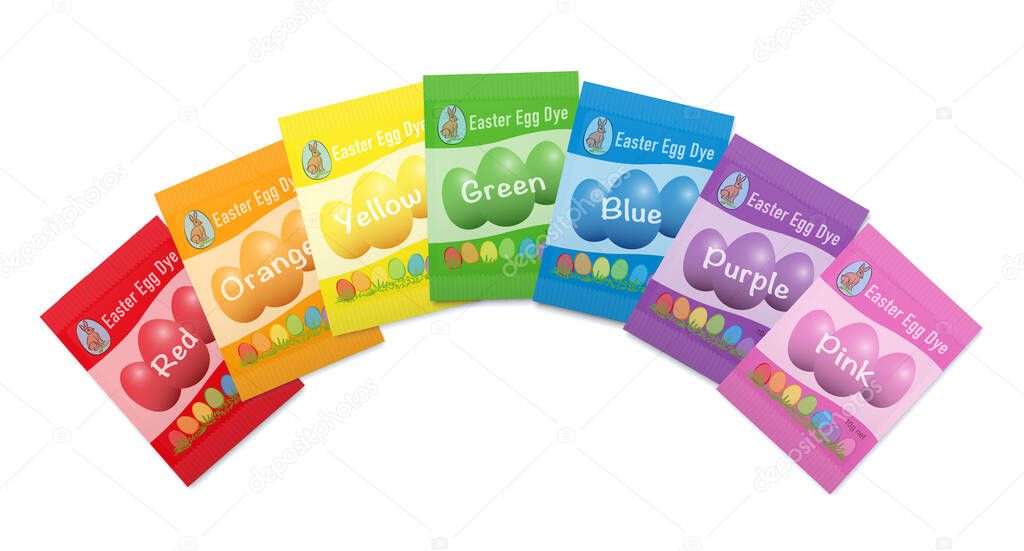Egg dye sachets. Different colorful paper packets with red, orange, yellow, green, blue, purple and pink dye color powder. Isolated vector illusstration on white background.