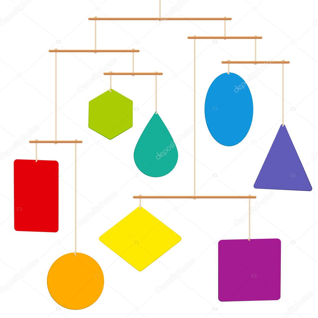 Mobile sculpture with colorful shapes hanging balanced on cords and wooden rods. Isolated vector illustration on white background.