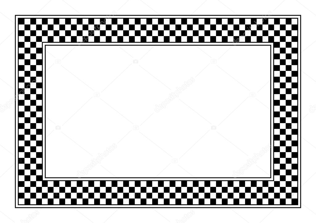 Checkerboard pattern, rectangle frame. A checkered pattern frame, made of a checkerboard diagram consisting of black and white alternating squares, framed with lines. Illustration over white. Vector.