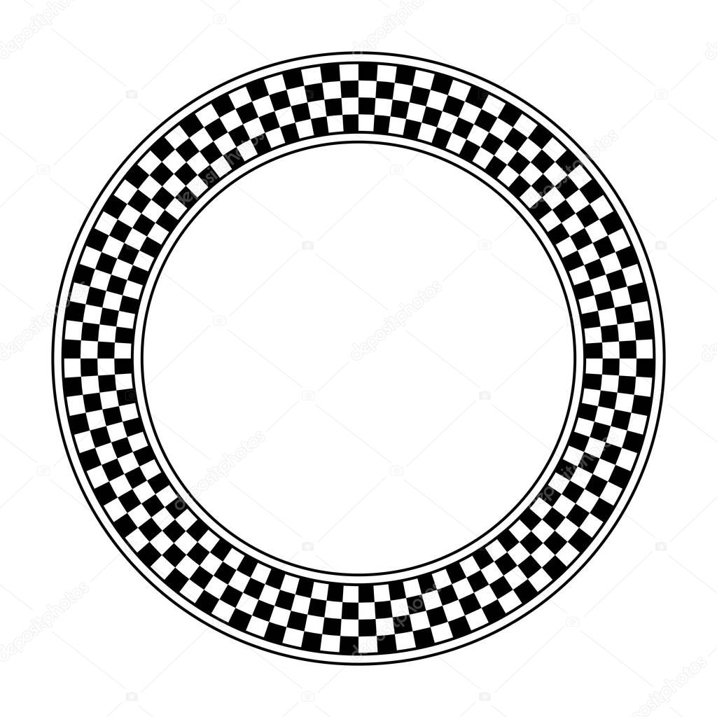 Checkerboard pattern, circle frame. Round checkered pattern frame, made of a checkerboard diagram consisting of black and white alternating squares, framed with lines. Illustration over white. Vector.