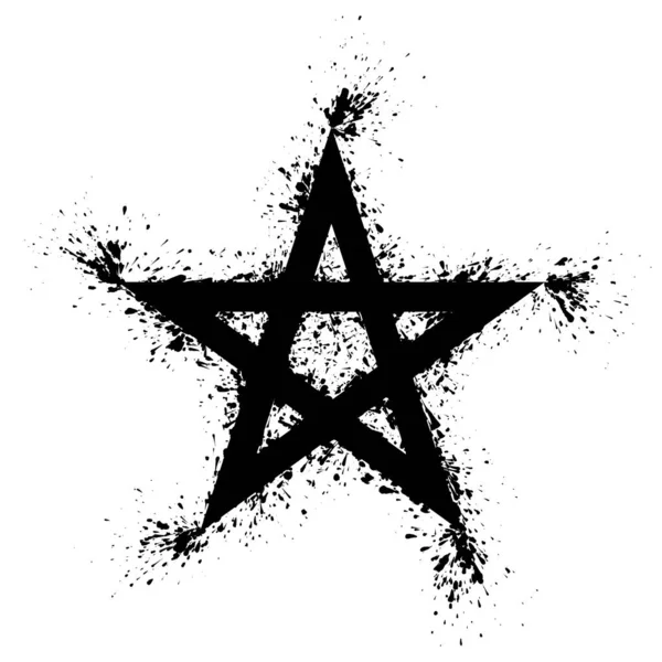 Pentagram splattered with black paint on white background. Five pointed star, splashed with black paint. Geometric star figure, can be drawn with five straight strokes. Isolated illustration. Vector.