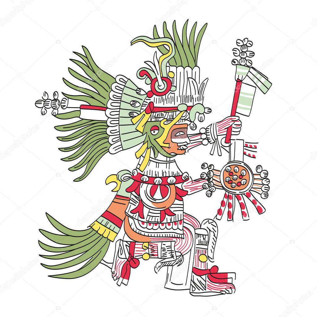 Huitzilopochtli, Aztec god, as depicted in Codex Telleriano-Remensis in 16th century. Deity of war, sun, human sacrifice, patron of Tenochtitlan, and national god of the Mexicas. Illustration. Vector.