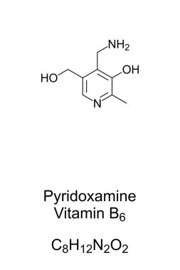 Pyridoxamine, B6 vitamini, kimyasal formül ve iskelet yapısı. Pyridoxylamine, B6 vitamininin bir çeşididir ve besin takviyesi ve ilaç olarak kullanılır. Beyazın yerine illüstrasyon. Vektör.