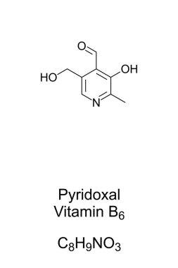 Pyridoxal, B6 vitamini, kimyasal formül ve iskelet yapısı. Bir çeşit B6 vitamini, Pyridoxaldehyde olarak da bilinir. Tıbben ilgili bazı bakteriler büyüme için piridoksa ihtiyaç duyar. İllüzyon. Vektör