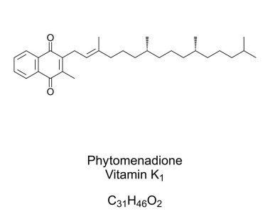 Phytomenadione, K1 vitamini, phylloquinone, kimyasal formül ve iskelet yapısı. Ayrıca phytonadione, yiyeceklerde bulunur ve kanama bozukluklarını tedavi etmek için besin takviyesi olarak kullanılır. İllüzyon. Vektör.