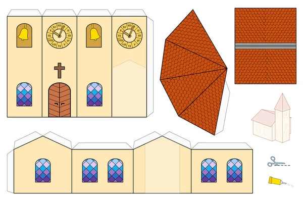 Kilise Şablonu Kağıt Işçiliği Modeli Renkli Pencereleri Çan Kulesi Kule — Stok Vektör