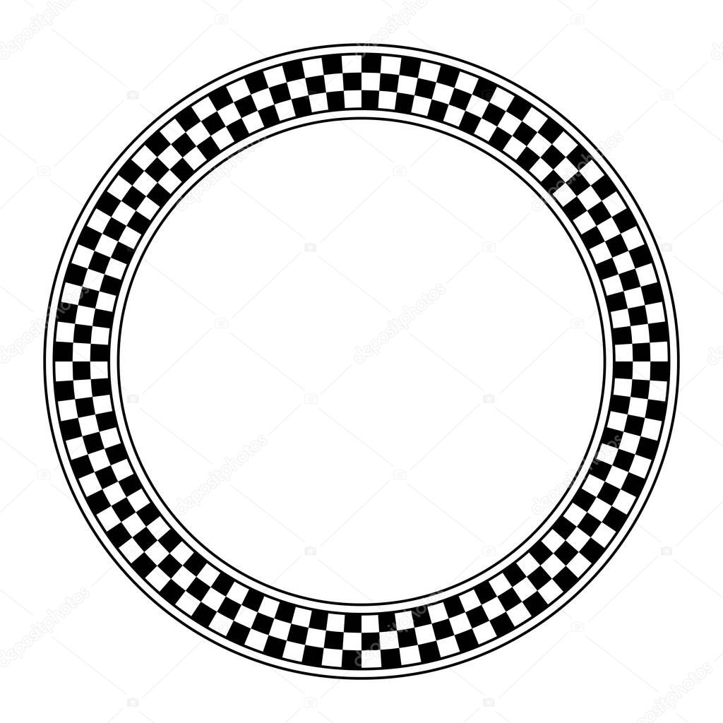 Circle frame with checkered pattern. Round border with checkerboard pattern, made of a checkerboard diagram, consisting of black and white alternating squares, framed with lines. Illustration. Vector.