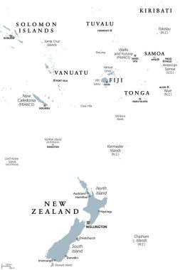 Yeni Zelanda ve güney Polinezya, büyük harfli gri politik harita. Solomon Adaları, Vanuatu, Fiji, Tonga, Samoa ve Yeni Kaledonya. Güney Pasifik Okyanusu 'ndaki adalar. İngilizce konuş. İllüzyon. Vektör.