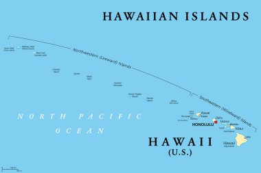 Hawaii Adaları, politik harita. ABD 'nin başkenti Honolulu ile Hawaii Eyaleti ve Midway Adası ile birleşik olmayan bölge. Kuzey Pasifik Okyanusu 'nda takımadalar. Sandviç Adaları. İllüzyon. Vektör.