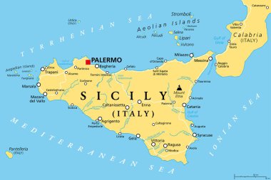 Sicily, autonomous region of Italy, political map, with capital Palermo, Aeolian and Aegadian Islands, volcano Etna, and important cities. Largest island in the Mediterranean Sea. Illustration. Vector clipart