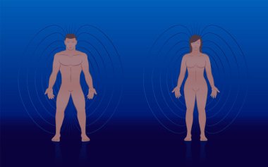 Erkek ve kadın vücudunun, tamamlayıcı tıpta tedavi için bir çiftin etrafındaki enerji deseni gibi çizgileri ve aurası olan insan manyetik alanı. Mavi arkaplanda vektör illüstrasyonu.