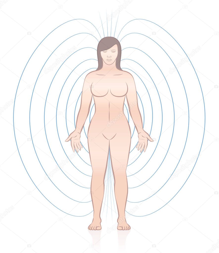 Human magnetic field. Standing woman with lines and energetic pattern around her body. Complementary healing treatment. Vector illustration on white background.