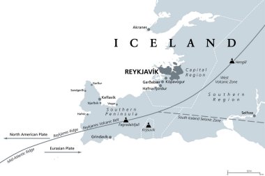 Başkent Bölgesi Jeolojisi ve İzlanda Güney Yarımadası, gri politik harita. Reykjavik ve çevresi, Reykjanes Yarımadası ile birlikte. Volkanik bölgeleri, kemerleri, sırtları ve volkanları olan bir harita. Vektör.