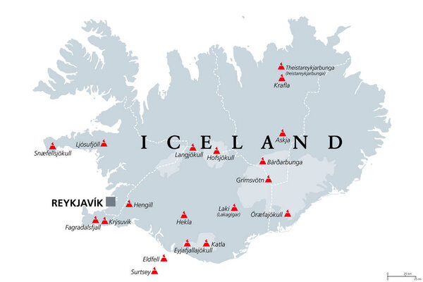 Volcanoes of Iceland that erupted since human settlement, political map. Eighteen volcanoes shown on gray map of Iceland, with glaciers and regions. Isolated illustration on white background. Vector.