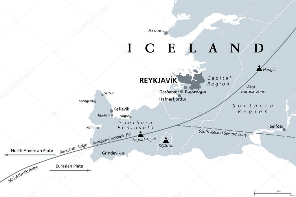 Geology of the Capital Region and Southern Peninsula of Iceland, gray political map. Reykjavik and vicinity, with Reykjanes Peninsula. Map with volcanic zones and belts, ridges and volcanoes. Vector.