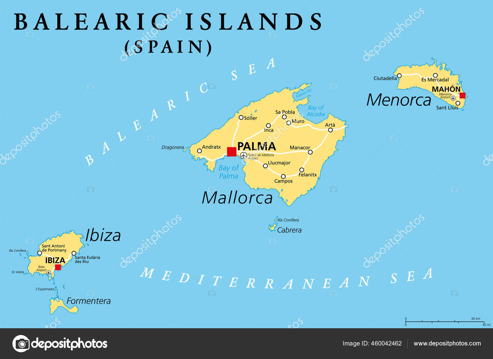 Balearic Islands Political Map Main Islands Mallorca Menorca